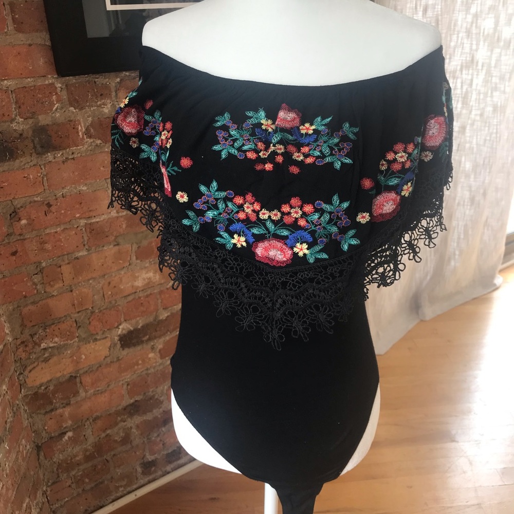 Black embroidered off the shoulder bodysuit